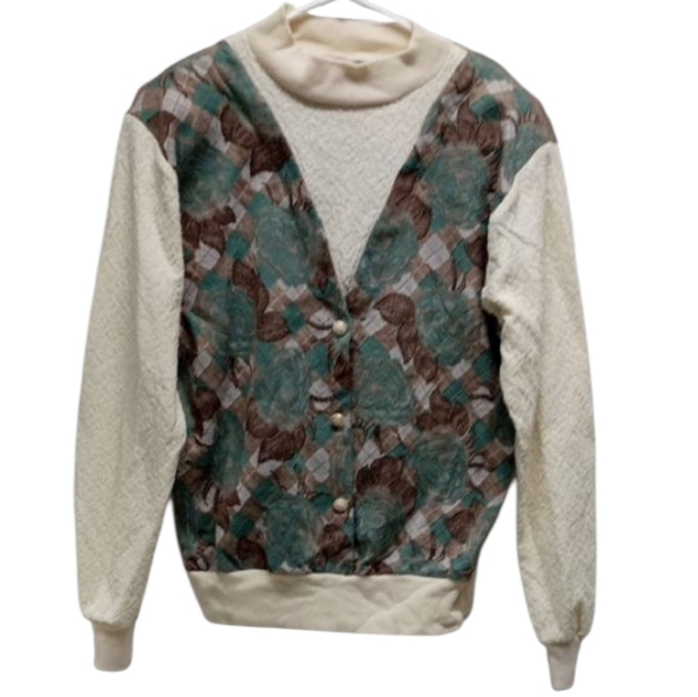 Season Ticket Cream And Brown Floral And Plaid Textured Sweater
